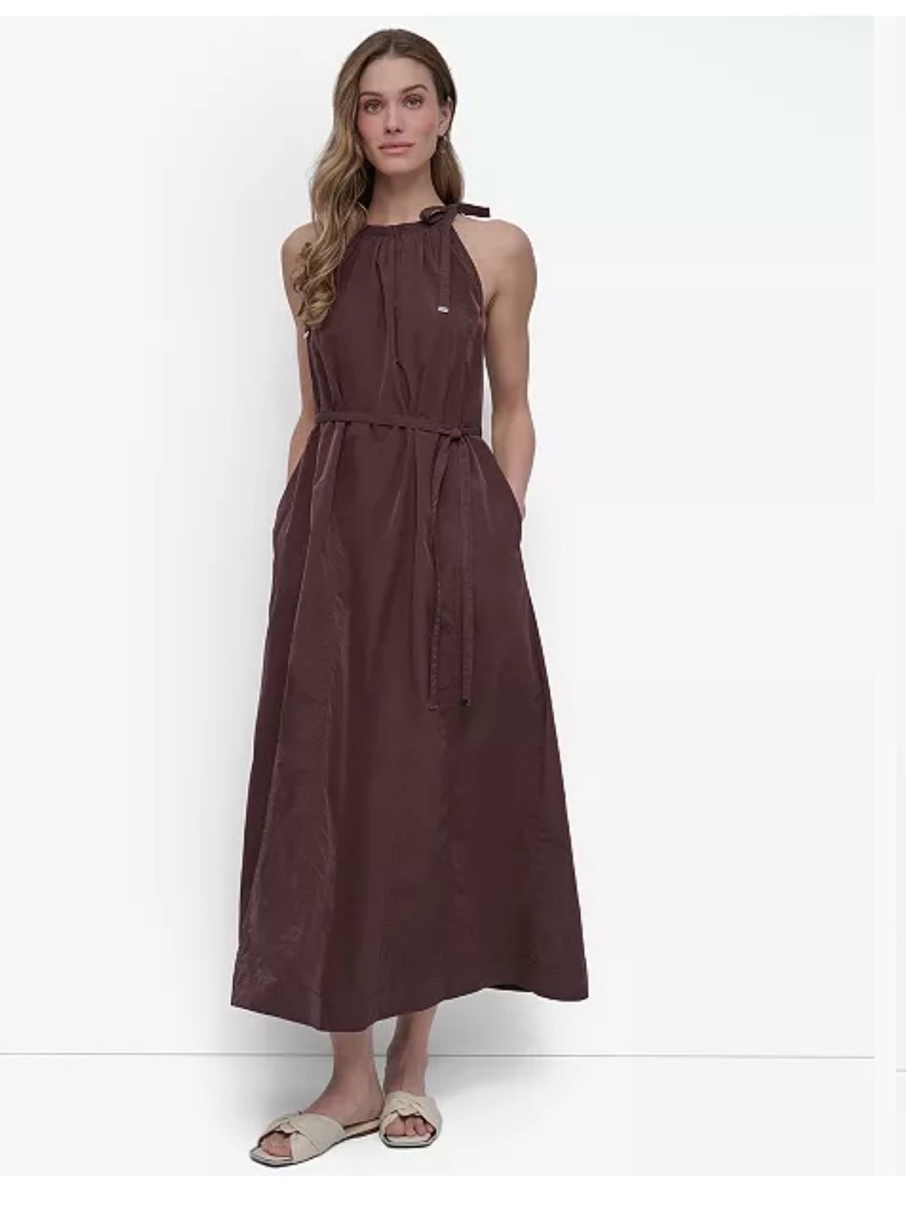 DKNY Brown Halter Maxi Dress with Tie Waist